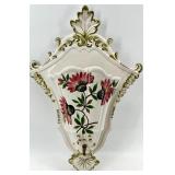 Pair of Majolica Floral Wall Pockets & Shell Plaque Crackled White Glaze & Gold Trim