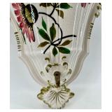 Pair of Majolica Floral Wall Pockets & Shell Plaque Crackled White Glaze & Gold Trim