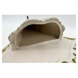 Pair of Majolica Floral Wall Pockets & Shell Plaque Crackled White Glaze & Gold Trim