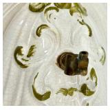 Pair of Majolica Floral Wall Pockets & Shell Plaque Crackled White Glaze & Gold Trim
