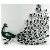 Mid Century Vintage Pair of Peacock Metal Sculptures with Green Patina & Gold Accents