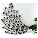 Mid Century Vintage Pair of Peacock Metal Sculptures with Green Patina & Gold Accents