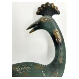 Mid Century Vintage Pair of Peacock Metal Sculptures with Green Patina & Gold Accents
