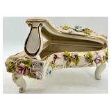 Capodimonte Porcelain Grand Piano Shaped Trinket Box with Floral Roses & Gold Trim