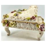 Capodimonte Porcelain Grand Piano Shaped Trinket Box with Floral Roses & Gold Trim