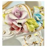 Capodimonte Porcelain Grand Piano Shaped Trinket Box with Floral Roses & Gold Trim