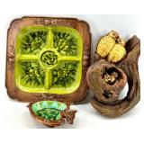 Mid Century Treasure Craft Owl Nest Wood Sculpture, Green Divided Tray & Leaf Dish