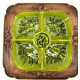 Mid Century Treasure Craft Owl Nest Wood Sculpture, Green Divided Tray & Leaf Dish