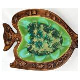 Mid Century Treasure Craft Owl Nest Wood Sculpture, Green Divided Tray & Leaf Dish