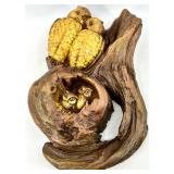 Mid Century Treasure Craft Owl Nest Wood Sculpture, Green Divided Tray & Leaf Dish