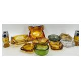Assorted Amber, Green & Clear Glass Ashtrays & Salt Shakers