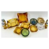 Assorted Amber, Green & Clear Glass Ashtrays & Salt Shakers