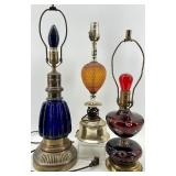 Vintage Glass & Brass Table Lamps Lot 3-Piece Decor Lighting Set