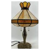 Tiffany-Style Table Lamp with Amber Glass Shade on Bronze Base