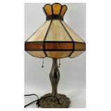 Tiffany-Style Table Lamp with Amber Glass Shade on Bronze Base