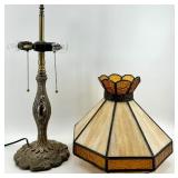 Tiffany-Style Table Lamp with Amber Glass Shade on Bronze Base