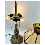 Tiffany-Style Table Lamp with Amber Glass Shade on Bronze Base