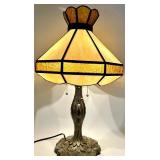 Tiffany-Style Table Lamp with Amber Glass Shade on Bronze Base