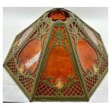Art Nouveau Slag Glass Lamp Shade - Octagonal Amber Panels & Green Frame