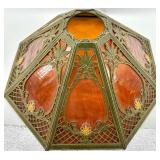Art Nouveau Slag Glass Lamp Shade - Octagonal Amber Panels & Green Frame