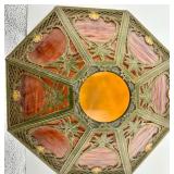 Art Nouveau Slag Glass Lamp Shade - Octagonal Amber Panels & Green Frame