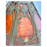 Art Nouveau Slag Glass Lamp Shade - Octagonal Amber Panels & Green Frame
