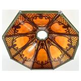 Art Nouveau Slag Glass Lamp Shade - Octagonal Amber Panels & Green Frame