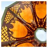 Art Nouveau Slag Glass Lamp Shade - Octagonal Amber Panels & Green Frame