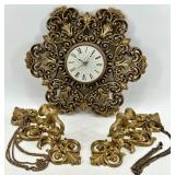 Rococo Revival Ornate Gold Tone Wall Clock & Sconces Set