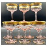 Tiffin Franciscan Rambler Rose - Pink Glass Champagne Coupes & Gold Rim