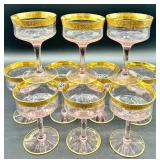 Tiffin Franciscan Rambler Rose - Pink Glass Champagne Coupes & Gold Rim