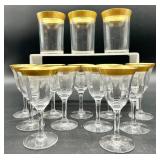 Tiffin Franciscan Minton - Gold Rim Glassware Set- 3 Tall Tumblers & 11 Stemmed Glasses