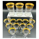 Tiffin Franciscan Minton - Gold Rim Glassware Set- 3 Tall Tumblers & 11 Stemmed Glasses