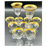 Tiffin Franciscan Minton - Gold Rim Glassware Set- 3 Tall Tumblers & 11 Stemmed Glasses