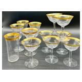 Tiffin Franciscan Minton - Gold Rim Crystal Glassware Set - Champagne Coupes, Tall Stem Glasses & Tumbler