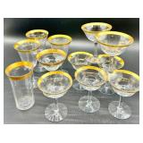 Tiffin Franciscan Minton - Gold Rim Crystal Glassware Set - Champagne Coupes, Tall Stem Glasses & Tumbler