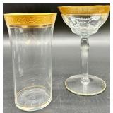 Tiffin Franciscan Minton - Gold Rim Crystal Glassware Set - Champagne Coupes, Tall Stem Glasses & Tumbler