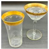Tiffin Franciscan Minton - Gold Rim Crystal Glassware Set - Champagne Coupes, Tall Stem Glasses & Tumbler
