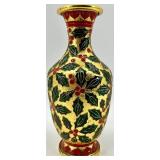 Holly Leaf & Berry Pattern Cloissone Vase Gold Tone Made In China