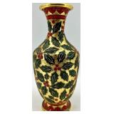 Holly Leaf & Berry Pattern Cloissone Vase Gold Tone Made In China