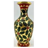 Holly Leaf & Berry Pattern Cloissone Vase Gold Tone Made In China