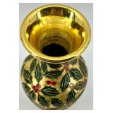 Holly Leaf & Berry Pattern Cloissone Vase Gold Tone Made In China
