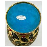 Holly Leaf & Berry Pattern Cloissone Vase Gold Tone Made In China