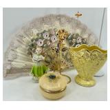 Vintage Thames Hand Painted Box & Angel Figurine, Lace Fan & Gold Vase