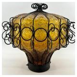 Amber Glass Pendant Lamp & Wrought Iron Scroll Cage
