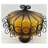 Amber Glass Pendant Lamp & Wrought Iron Scroll Cage