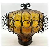 Amber Glass Pendant Lamp & Wrought Iron Scroll Cage