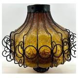 Amber Glass Pendant Lamp & Wrought Iron Scroll Cage