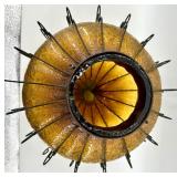Amber Glass Pendant Lamp & Wrought Iron Scroll Cage