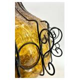 Amber Glass Pendant Lamp & Wrought Iron Scroll Cage